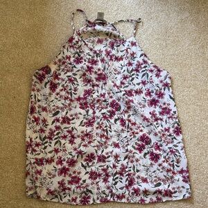 White Floral Halter Tank Top with Pink Flower Print